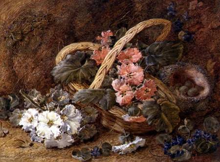 A bird's nest and a basket of flowers von Vincent Clare