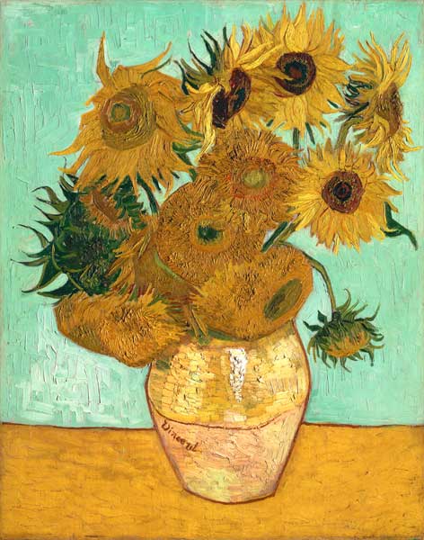Zwölf Sonnenblumen in einer Vase mit grünem Hintergrund von Vincent van Gogh