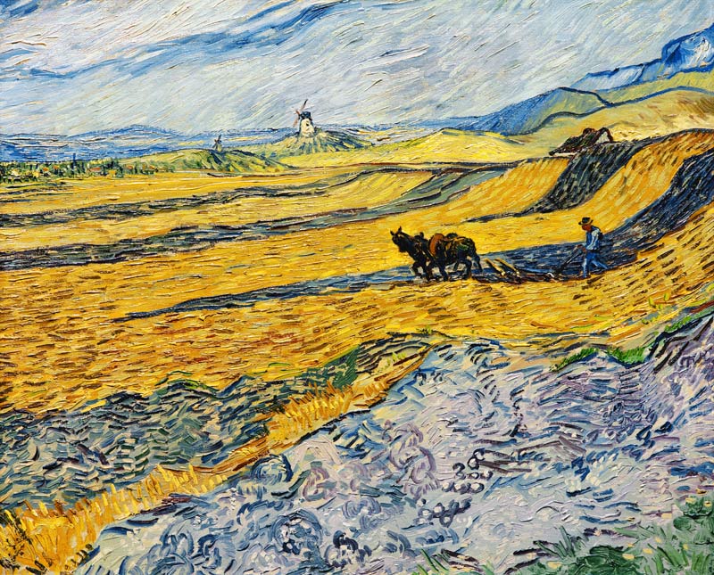 Acker mit pflügendem Bauern und Mühle von Vincent van Gogh