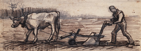 At the Plough, from a Series of Four Drawings Symbolizing the Four Seasons (pencil, pen and brown von Vincent van Gogh