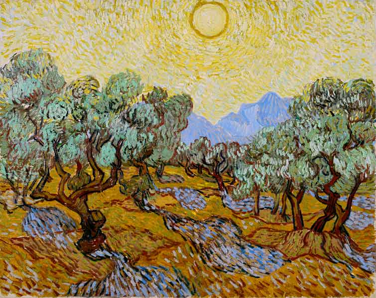 Olivenbäume mit gelbem Himmel und Sonne von Vincent van Gogh