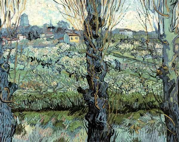 Blühender Obstgarten mit Blick auf Arles 1889