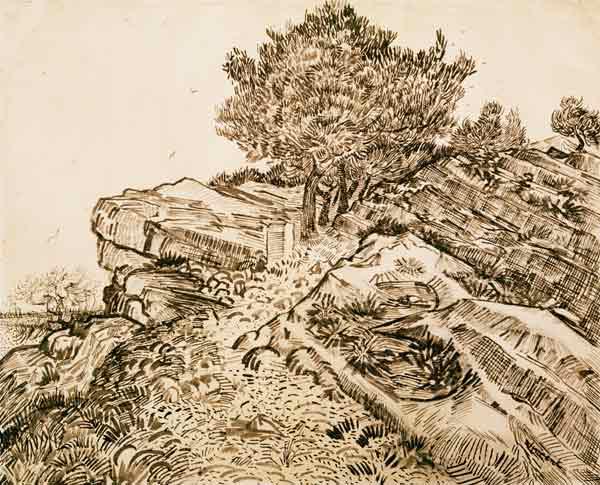 V.v.Gogh, Rock of Montmajour /Draw./1888