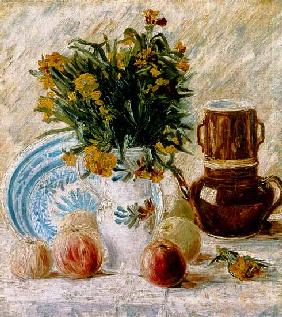 Vase of flowers with a coffee pot and fruit 1887