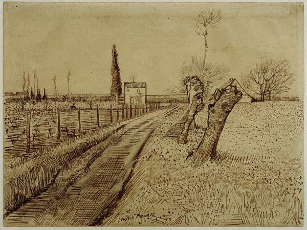 V.v.Gogh,Landscape w.Pollard Trees/Draw. von Vincent van Gogh