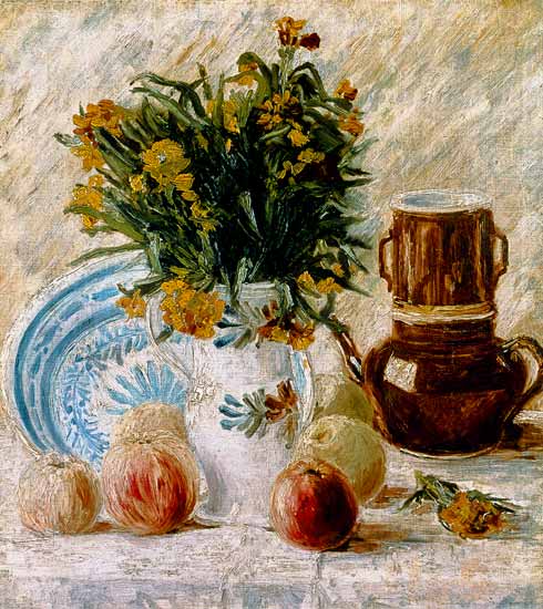 Vase of flowers with a coffee pot and fruit von Vincent van Gogh