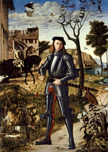 Ritter in einer Landschaft stehend. von Vittore Carpaccio