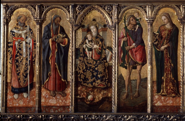 Madonna und Kind mit Heiligen (Polyptychon, fünf separate Tafeln) von Vittore Crivelli