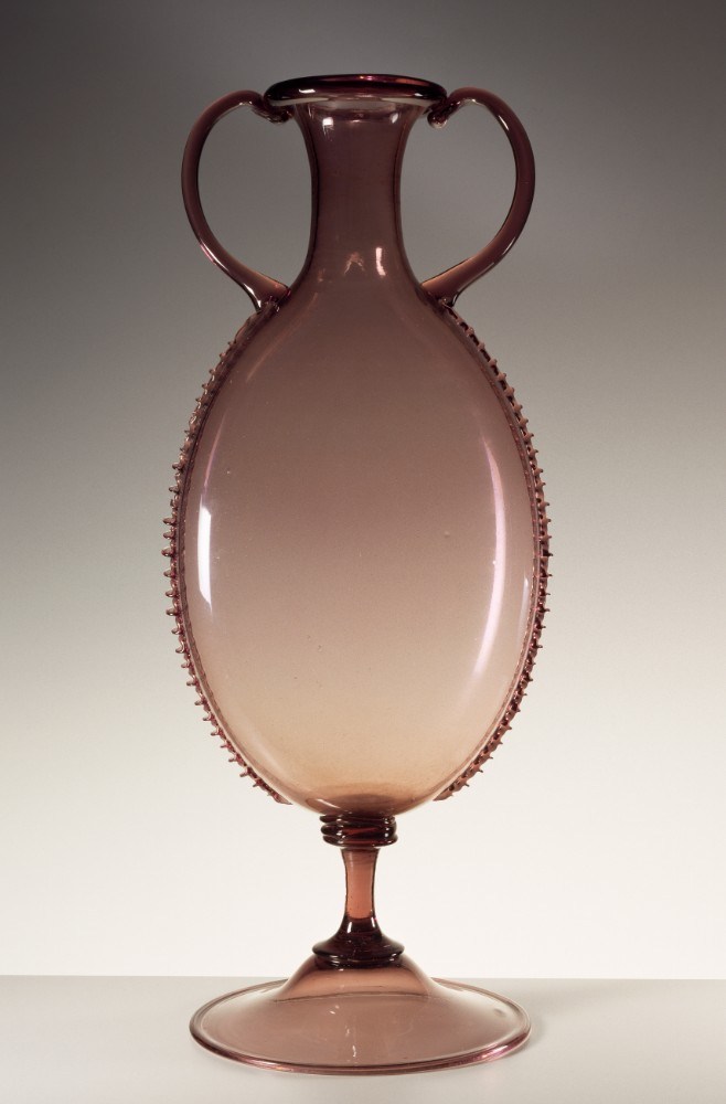 Pink Glas Amphora mit gekerbten Kanten arbeitete mit einer Zange von Vittorio Zecchin
