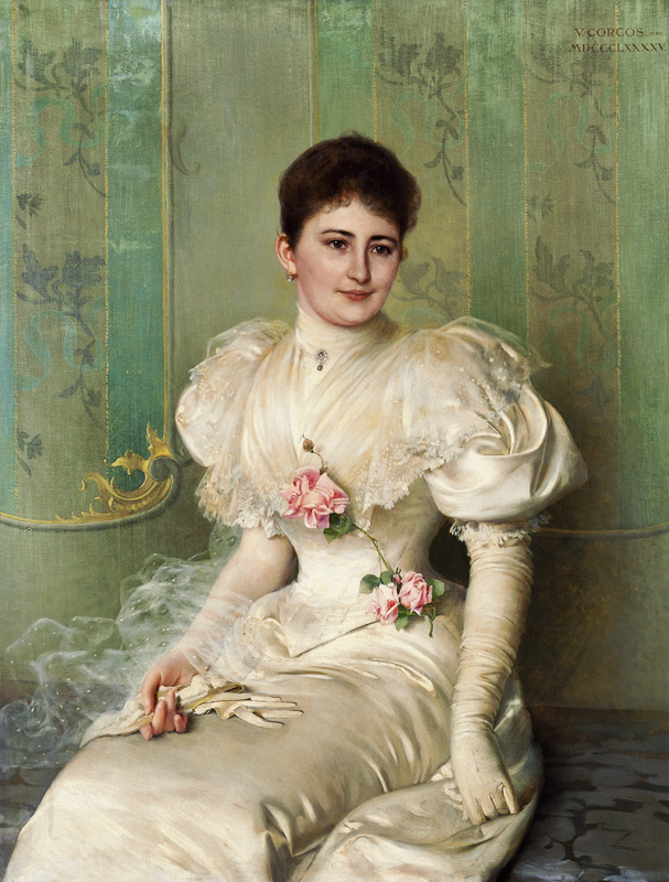 Portrait einer Dame in einem weißen Kleid von Vittorio Matteo Corcos