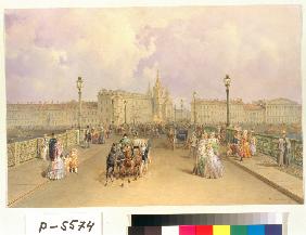 Blick auf die Blagoweschtschenski-Brücke in Sankt Petersburg 1851