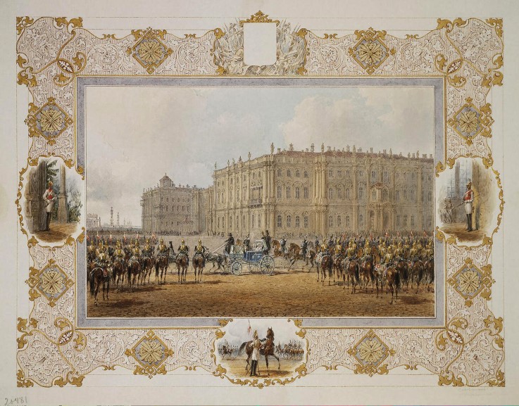Parade des Garde-Kavallerie-Regiments vor dem Winterpalast von Wassili Sadownikow