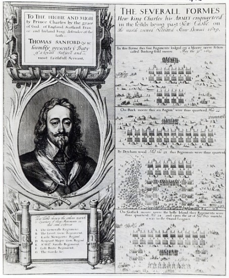 Portrait of King Charles I with diagrams showing the formation of his troops during the Bishops'' Wa von Wenceslaus Hollar
