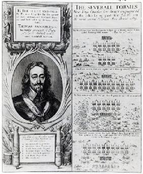 Portrait of King Charles I with diagrams showing the formation of his troops during the Bishops'' Wa