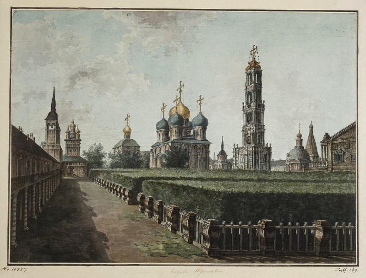 Das Kloster der Dreifaltigkeit und des Heiligen Sergius. Blick auf die Mariä-Entschlafens-Kathedrale von Werkst. Alexejew