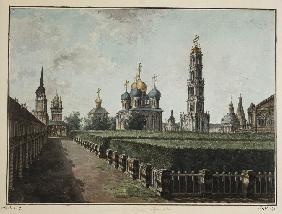 Das Kloster der Dreifaltigkeit und des Heiligen Sergius. Blick auf die Mariä-Entschlafens-Kathedrale