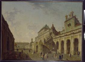 Der Bojarenplatz im Moskauer Kreml und die Kirche zum Heilande in der Vorhalle hinter dem goldenen G 1801