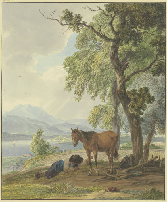 Ruhender Bauer mit seinem Pferd neben dem gepflügten Acker von Wilhelm Alexander Wolfgang Kobell