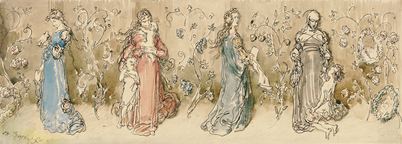 Vier allegorische Frauendarstellungen von Wilhelm Busch