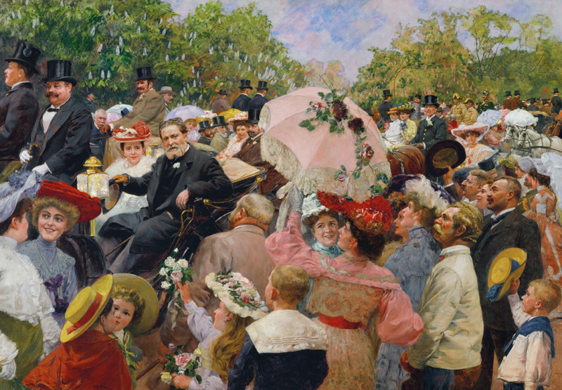 Karl Lueger, Bürgermeister von Wien, in der Kutsche beim Blumenkorso im Prater. von Wilhelm Gause