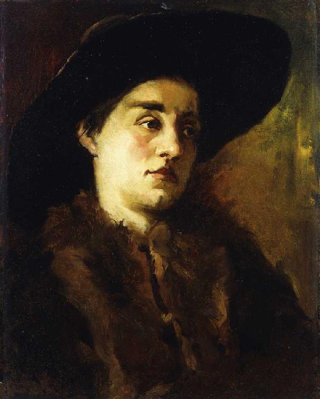 Bildnis einer Dame mit Pelzkragen und schwarzem Hut. von Wilhelm Trübner