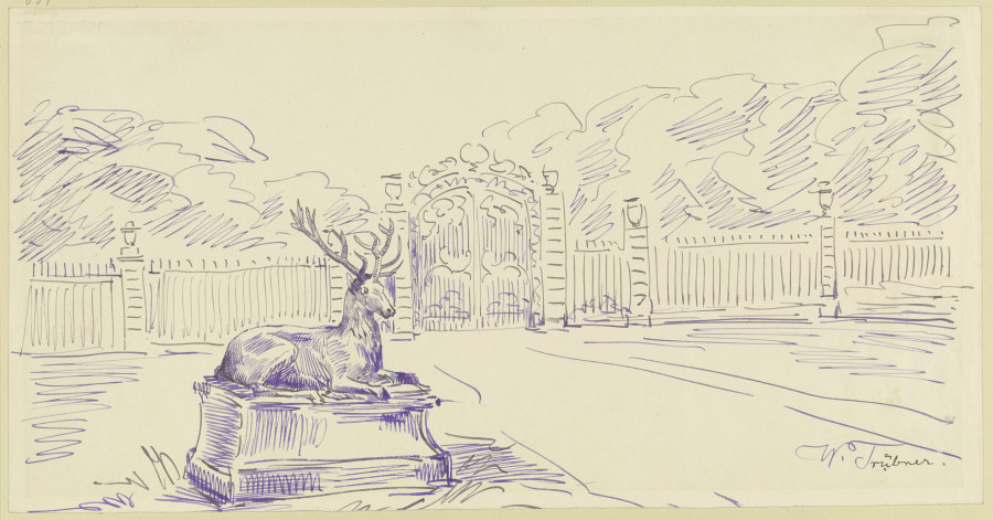 Parkeingang mit dem Bildwerk eines liegenden Hirschen von Wilhelm Trübner