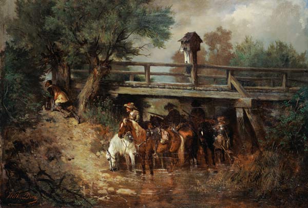 Berittene Soldaten im 30-jährigen Krieg unter einer Brücke von Wilhelm von Diez