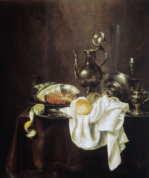 Still Life of Ham and Silver Plate von Willem Claesz Heda