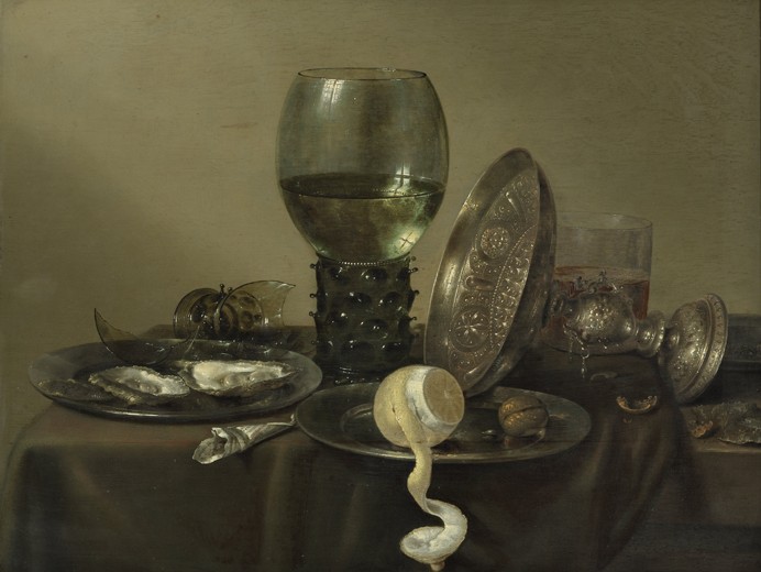 Stilleben mit Austern, Römerpokal, Zitrone und Silberschüssel von Willem Claesz Heda