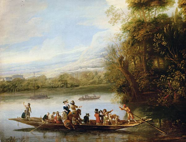 A landscape with a crowded ferry crossing the water in the foreground von Willem Schellinks