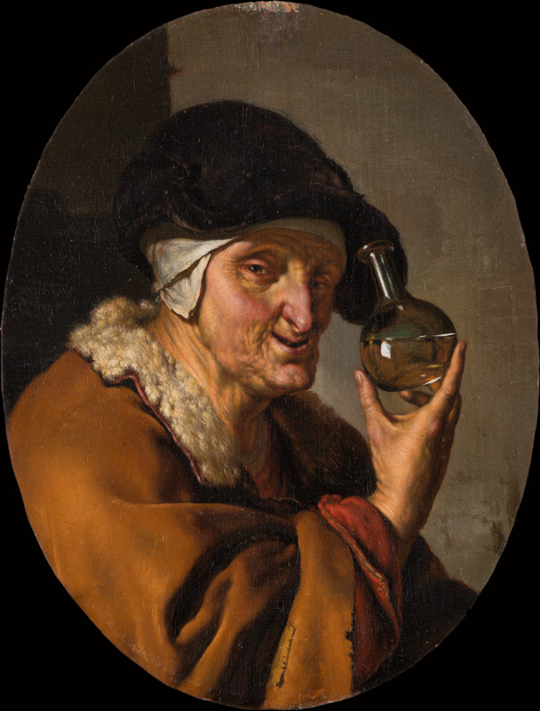 Eine alte Frau mit einem Uringlas: "Die Kurpfuscherin" von Willem van Mieris