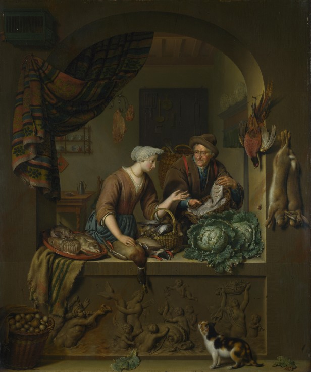 Frau und Fischhändler in der Küche von Willem van Mieris