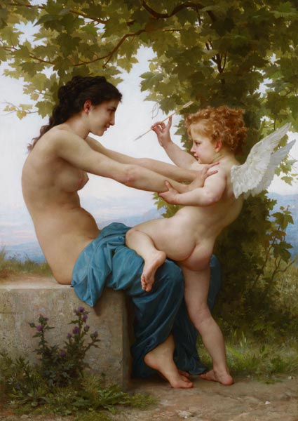 Eine junge Frau verteidigt sich vor Eros von William Adolphe Bouguereau