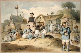A group of Chinese on the bank of a river, watching the Earl Macartney's Embassy pass 1793