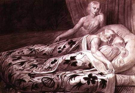 Har and Heva sleeping, with Mnetha looking on, one of twelve illustrations from 'Tiriel' von William Blake