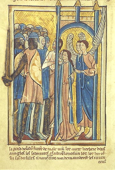 Lot offering his daughters to the inhabitants of Sodom, from a book of Bible Pictures, c.1250 von William de Brailes