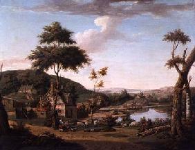 River landscape with Figures Outside a Cottage 1774