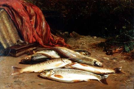 Brown trout on a river bank von William Geddes