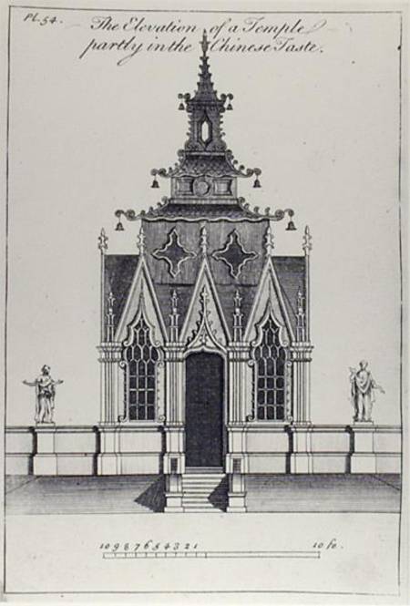 The Elevation of a temple partly in the Chinese Taste, from 'New Designs for Chinese Temples' von William Halfpenny