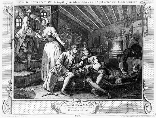The Idle ''Prentice Betrayed by a Prostitute, plate IX of ''Industry and Idleness'' von William Hogarth