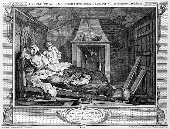 The Idle ''Prentice Returned from Sea, and in a Garret with a common Prostitute'', plate VII of ''In von William Hogarth