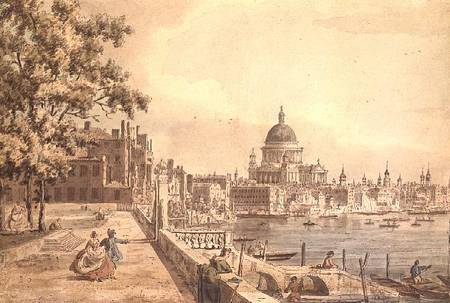 A copy of part of a drawing by Canaletto, of St. Paul's Cathedral from the Terrace of Somerset House von William James