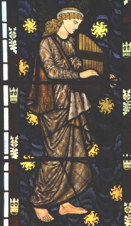 Angel with a portative organ, stained glass window designed von William  Morris
