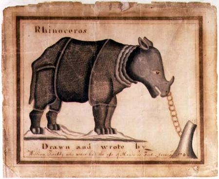 'Rhinoceros, drawn and wrote by William Twiddy who never had the use of hands or feet' von William Twiddy