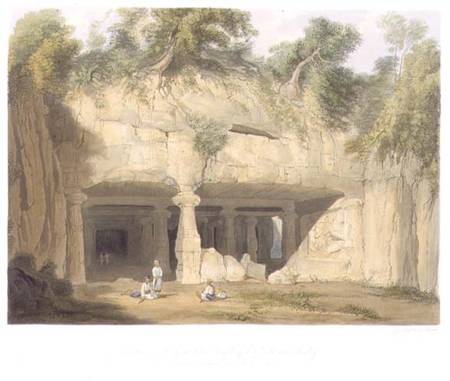Exterior of the Great Cave Temple of Elephanta, near Bombay, in 1803, from Volume II of 'Scenery, Co von William Westall