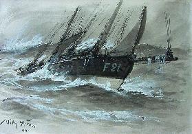 Das Fischerboot F 21 in den Wellenbergen der stürmischen Nordsee 1917