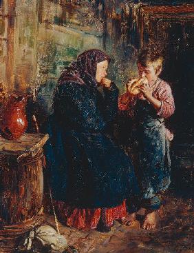 Alte Frau und Knabe mit Brot 1883
