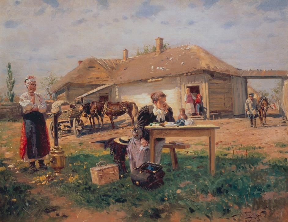 Die Ankunft der Lehrerin auf dem Dorfe von Wladimir Jegorowitsch Makowski