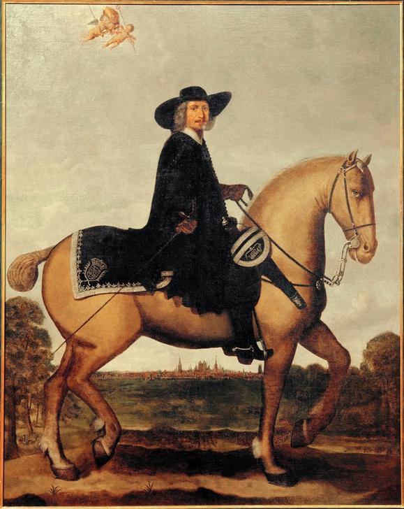 Christoph Bernhard von Galen zu Pferde vor der Silhouette Münsters. von Wolfgang Heimbach