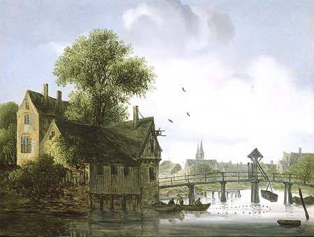 A Town on a river with a bridge von Wouter Knyff